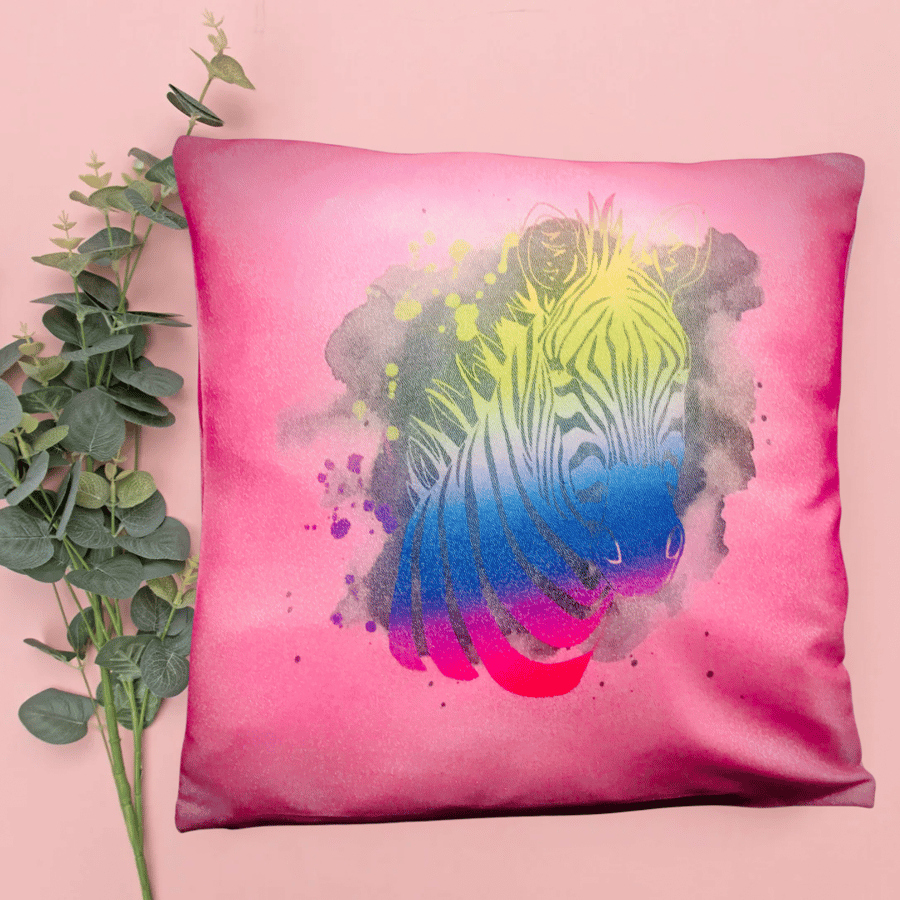 Pink glitter shimmer cushion with watercolor zebra print, can be personalised