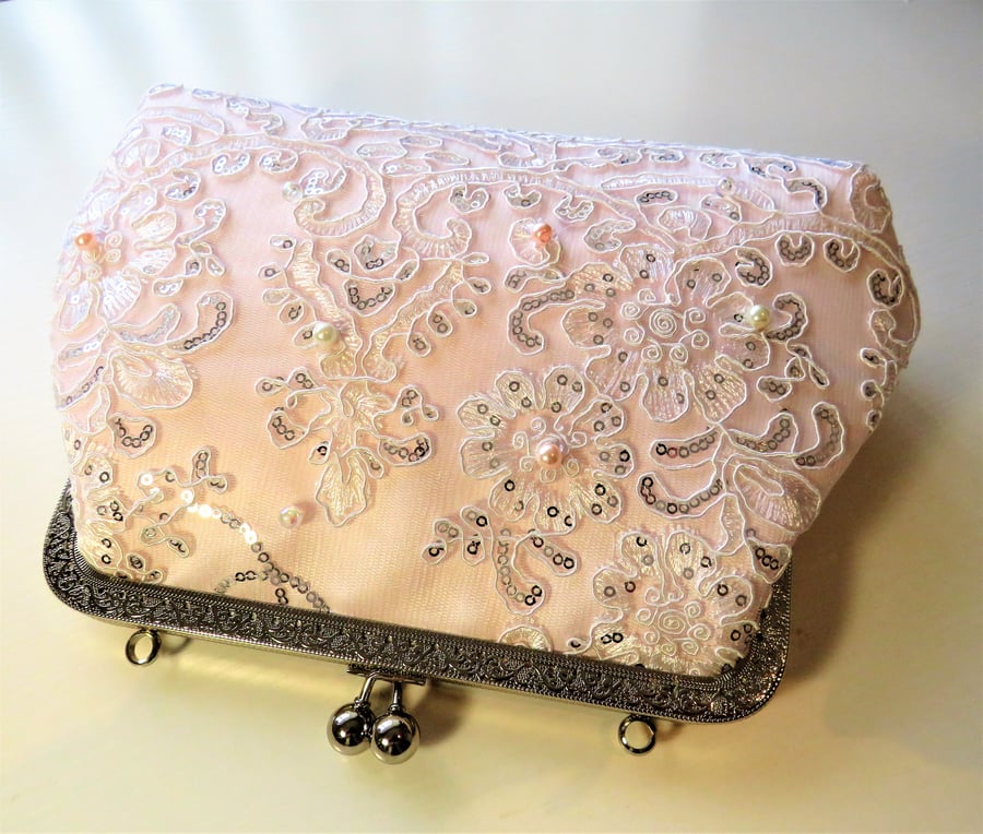 Wedding clutch bag, light blush pink with white corded lace clutch 