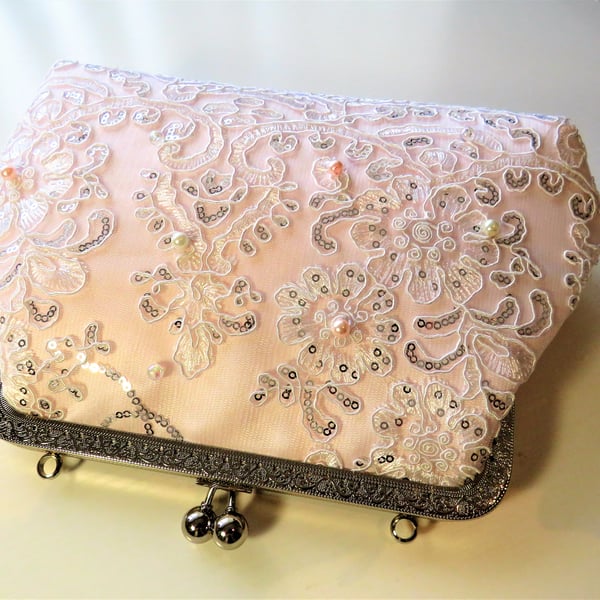 Wedding clutch bag, light blush pink with white corded lace clutch 