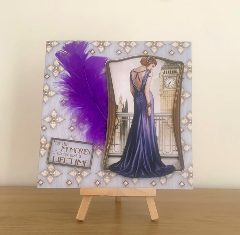 Handmade Art Deco Lady in Purple Blank Greeting Card