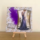 Handmade Art Deco Lady in Purple Blank Greeting Card