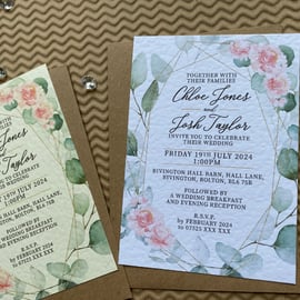 10 Eucalyptus greenery gold frame WEDDING INVITES cards pink A5 A6 invitations