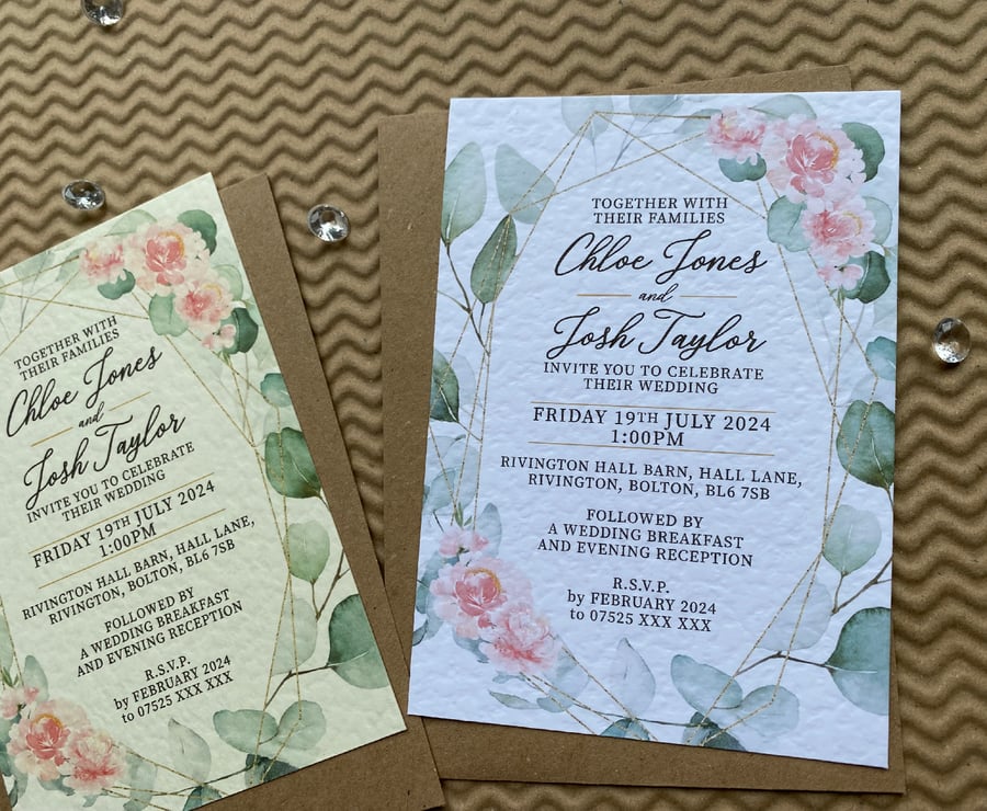 10 Eucalyptus greenery gold frame WEDDING INVITES cards pink A5 A6 invitations