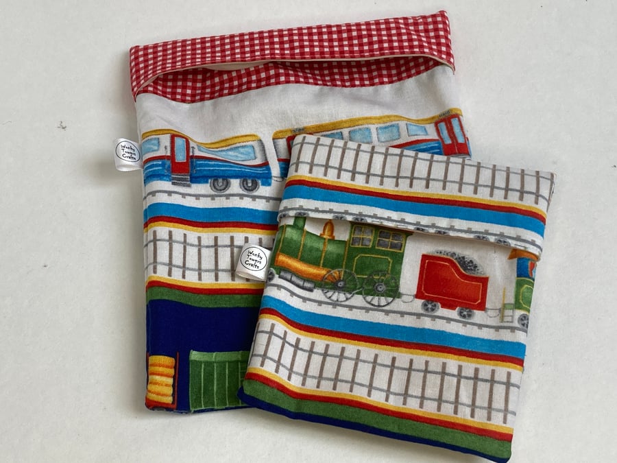 Sandwich and snack bag set. Reusable and eco-friendly with train design
