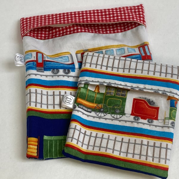 Sandwich and snack bag set. Reusable and eco-friendly with train design