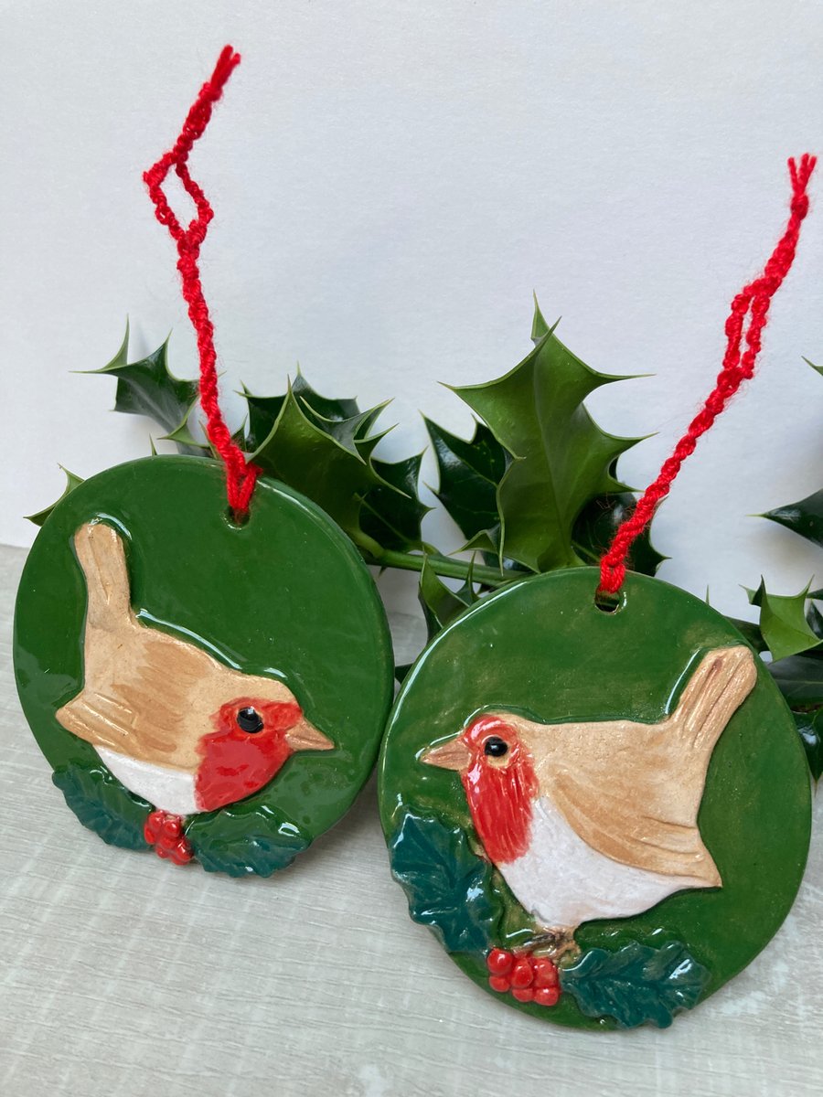 Pair of  Ceramic Robin hanging decorations