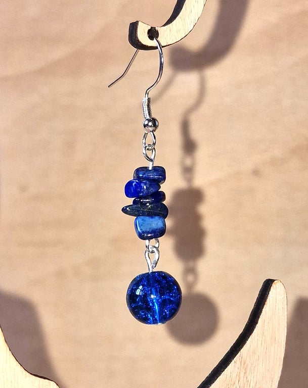 Blue Lapis & Glass Earrings - 925 Silver Hooks - Boho Style