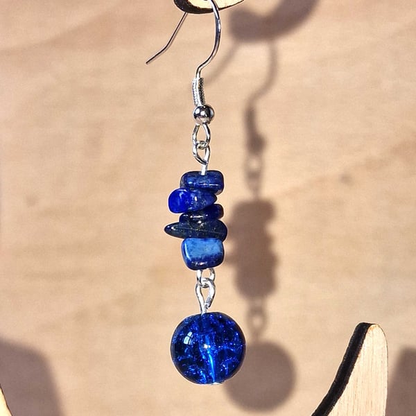 Blue Lapis & Glass Earrings - 925 Silver Hooks - Boho Style