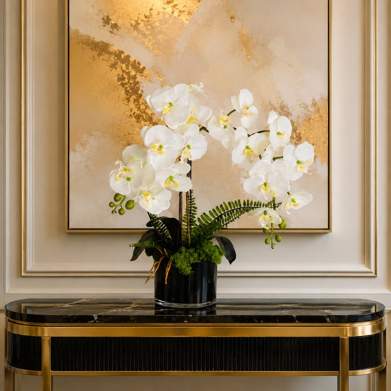 Luxury White Faux Orchid Arrangement in Elegant Black Glass Bowl