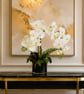 Luxury White Faux Orchid Arrangement in Elegant Black Glass Bowl