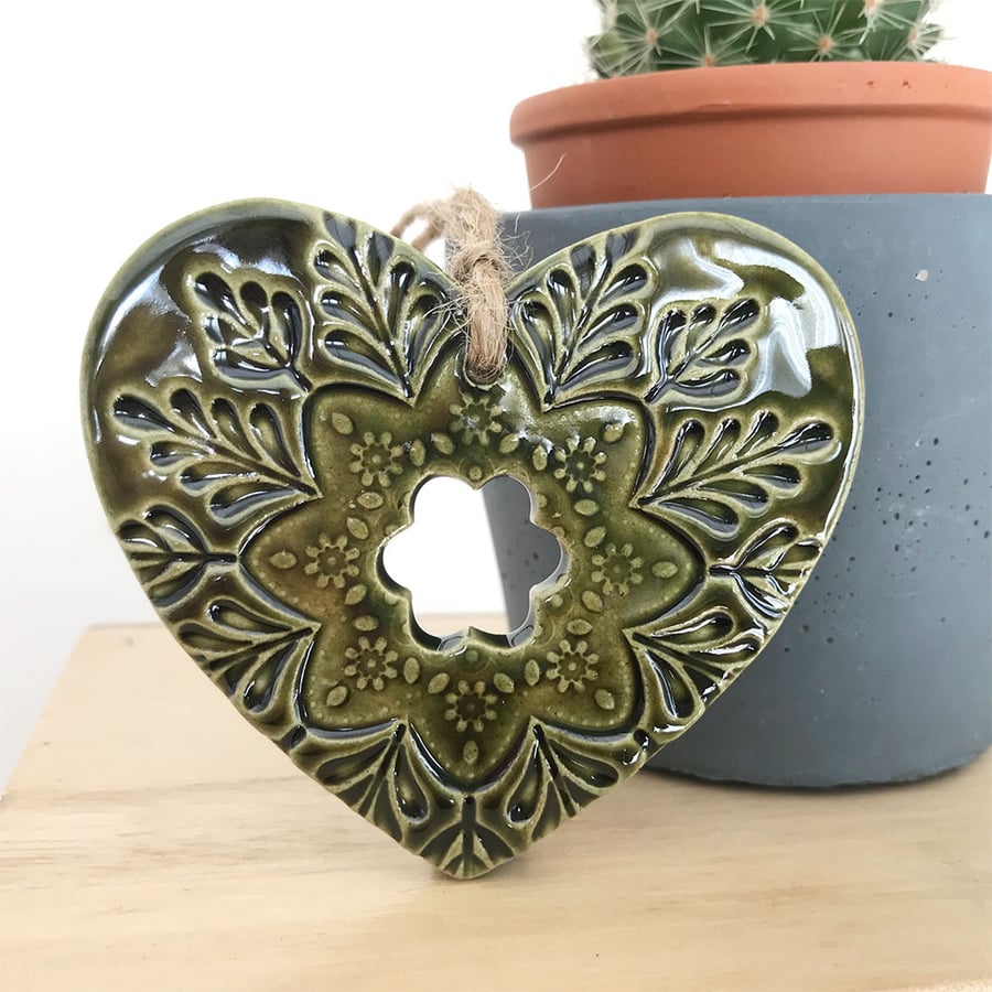 Ceramic heart hanging decoration Pottery Heart Folk art love heart GREEN