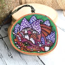 Fungi Dragon pyrography with colour hanging wood slice