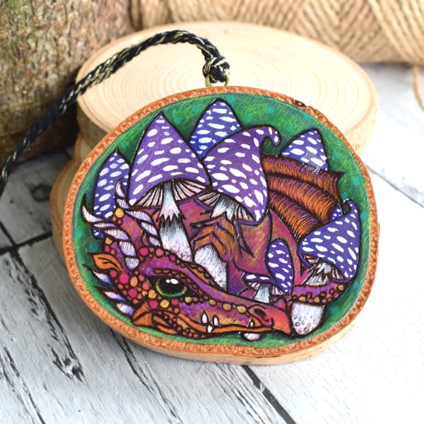 Fungi Dragon pyrography with colour hanging wood slice