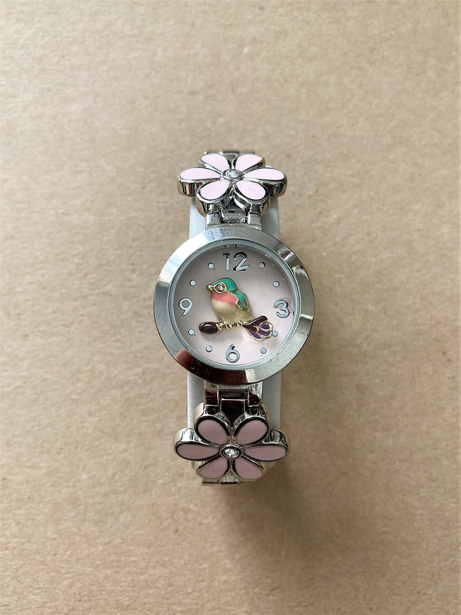 Upcycled Enamel Daisy Vintage Watch and Bird Charm Stainless Steel Bracelet