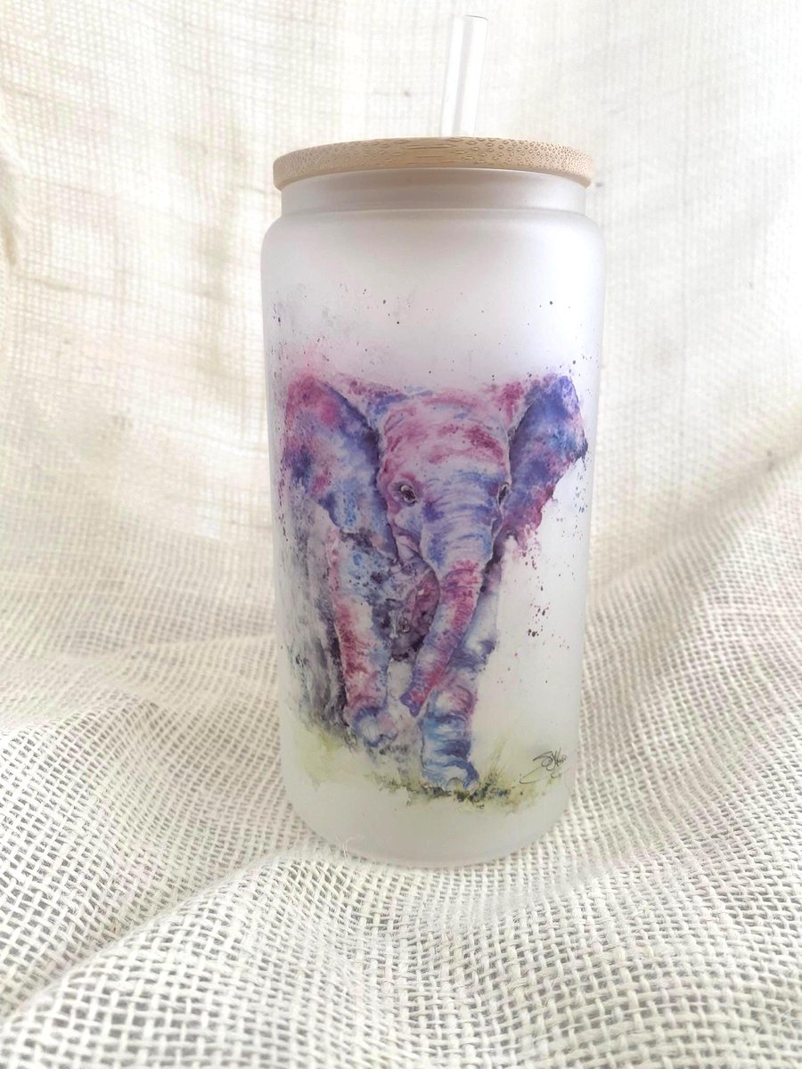Baby Elephant Frosted Glass Tumbler with Bamboo Lid & Straw, 500ml 