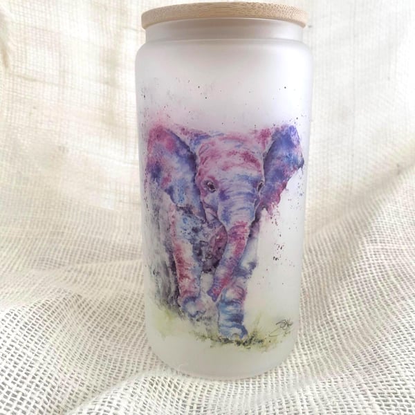 Baby Elephant Frosted Glass Tumbler with Bamboo Lid & Straw, 500ml 