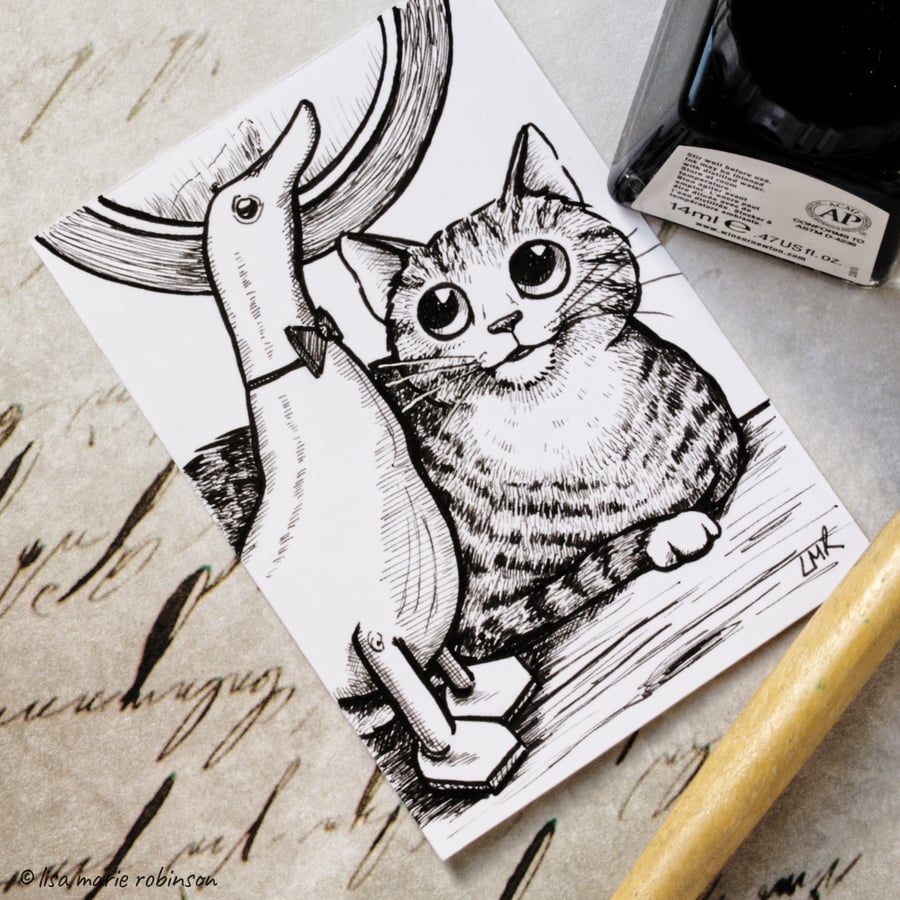 Cat and Duck Ornament - Inktober 2019 - Day 17 - Ink Drawing Pen Art