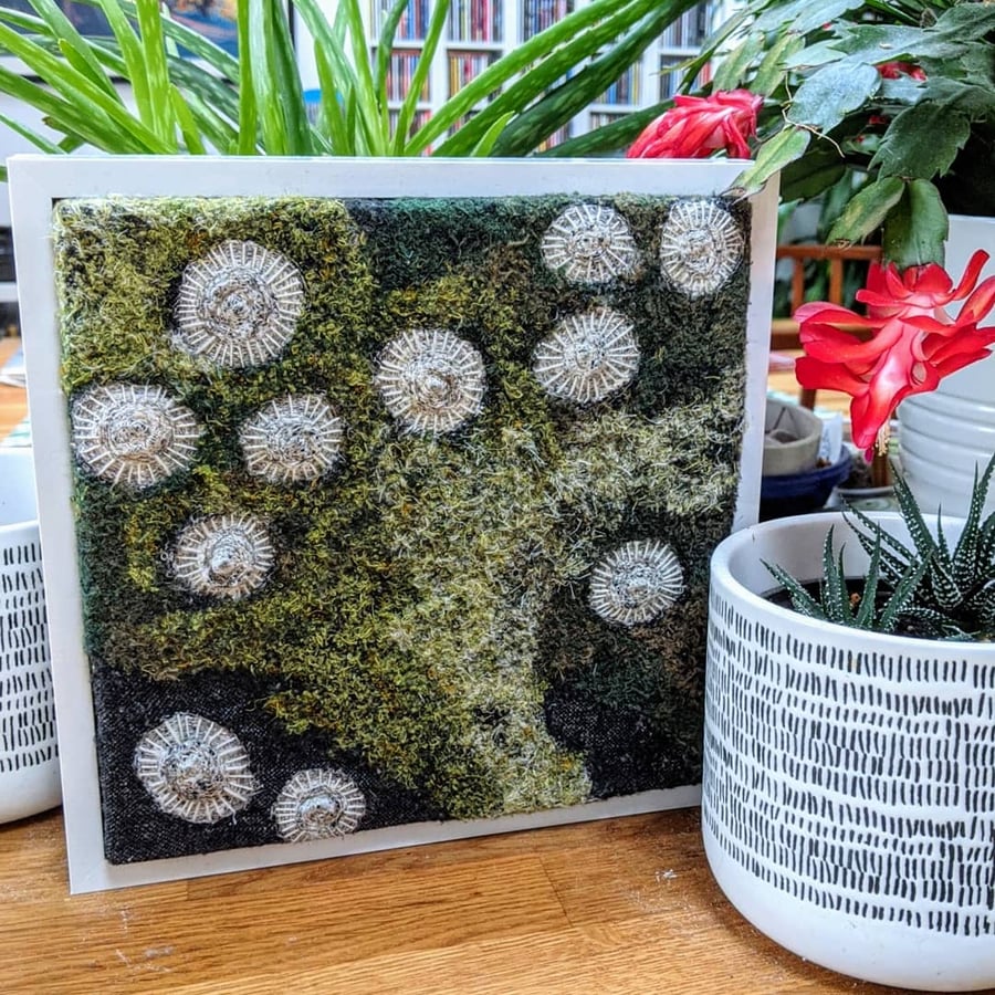 Square Framed Coastal inspired Textile Art in Moss Green