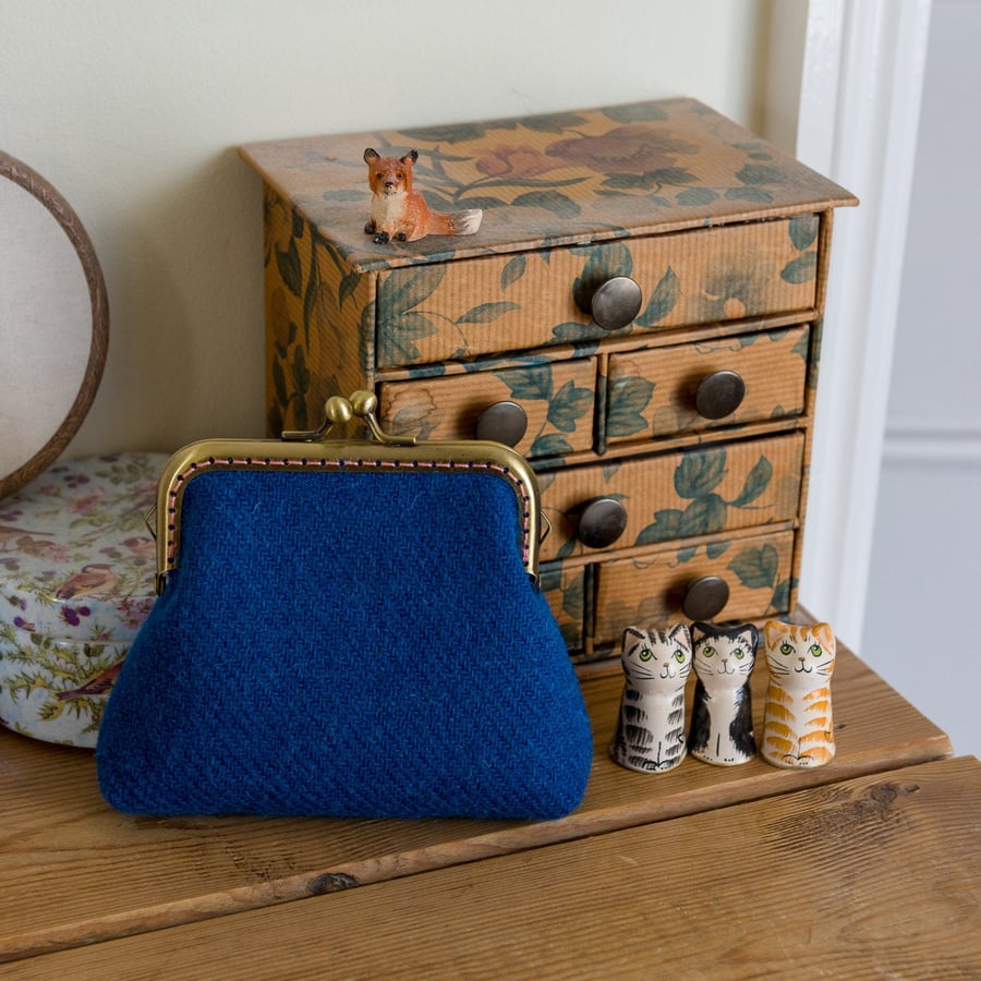 Larger size coin purse in blue Harris Tweed with Liberty lawn lining