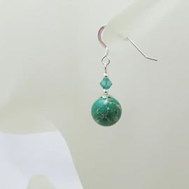 Green Impression Jasper Earrings With Sterling Silver & Sparkly Crystals