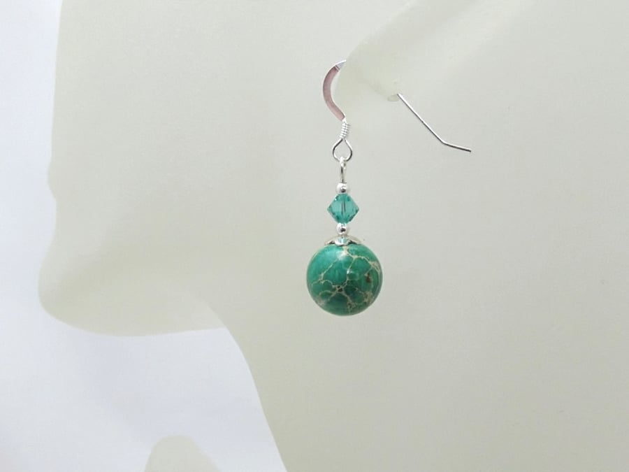 Green Impression Jasper Earrings With Sterling Silver & Sparkly Crystals