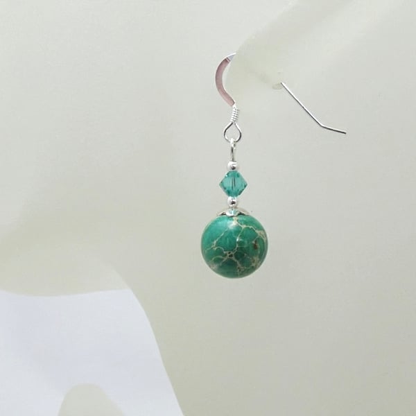 Green Impression Jasper Earrings With Sterling Silver & Sparkly Crystals