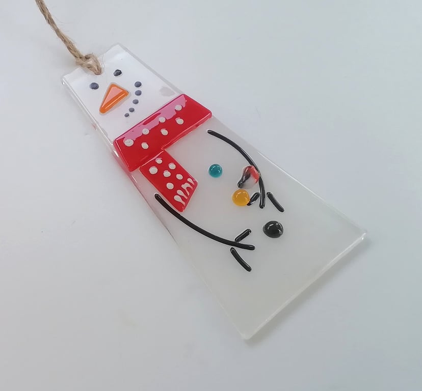 Snowman xmas tree decoration, festive tree hanger, fused glass, seasonal gift. 