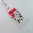 Snowman xmas tree decoration, festive tree hanger, fused glass, seasonal gift. 