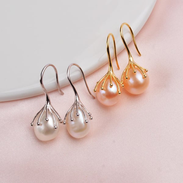 White Pearl Claw Hook Earrings, Silver Plated or Gold Plated Hooks 
