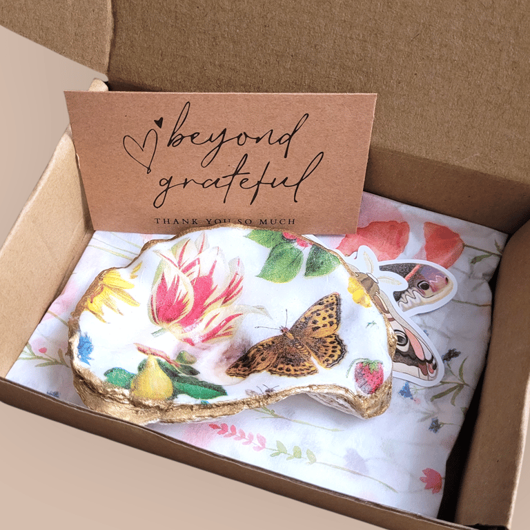Floral Butterfly Decoupage Shell Trinket Dish 