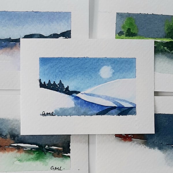 Handpainted ACEO Trading Card Of Snowy Landscape. Small Painting