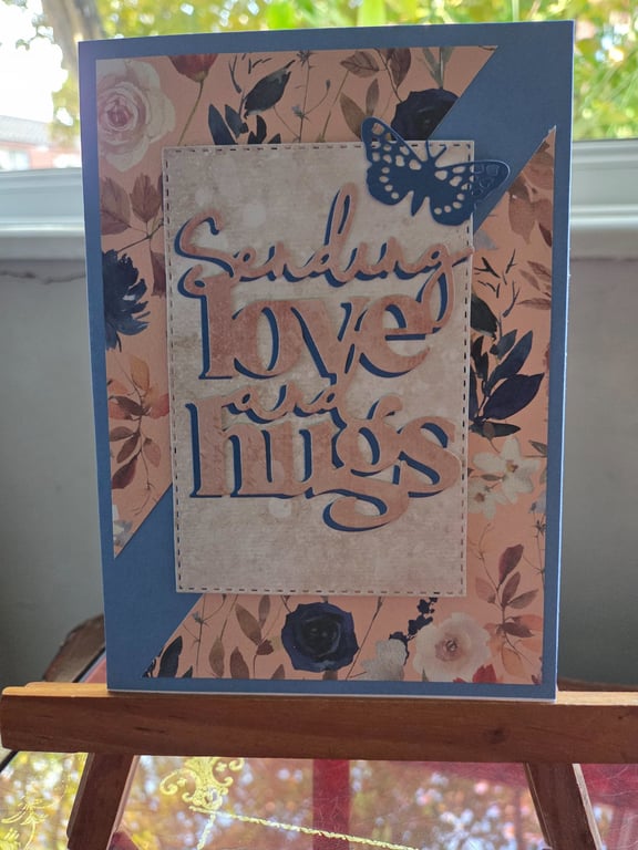 Sending Love and Hugs Card – Handmade Blue & Pink Floral Thinking of You Card