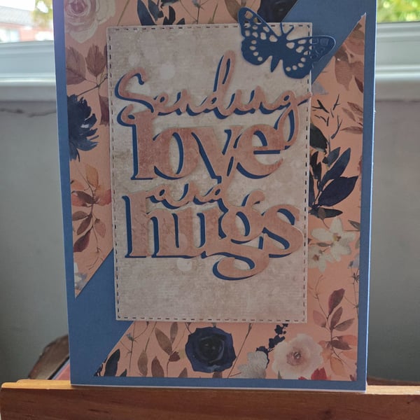 Sending Love and Hugs Card – Handmade Blue & Pink Floral Thinking of You Card