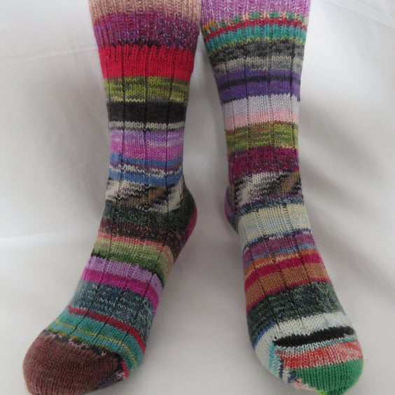 Hand-cranked Frankensox Knitted Ribbed Wool Socks Size 4 to 5