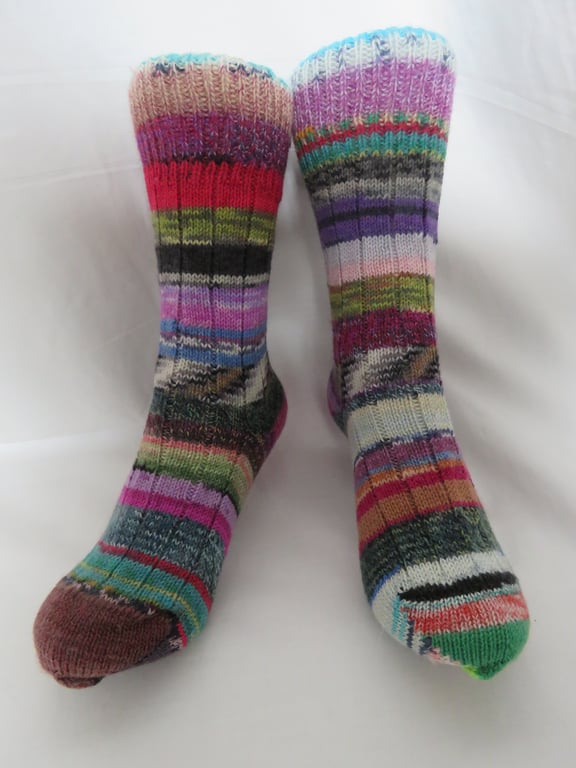Hand-cranked Frankensox Knitted Ribbed Wool Socks Size 4 to 5