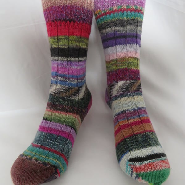 Hand-cranked Frankensox Knitted Ribbed Wool Socks Size 4 to 5