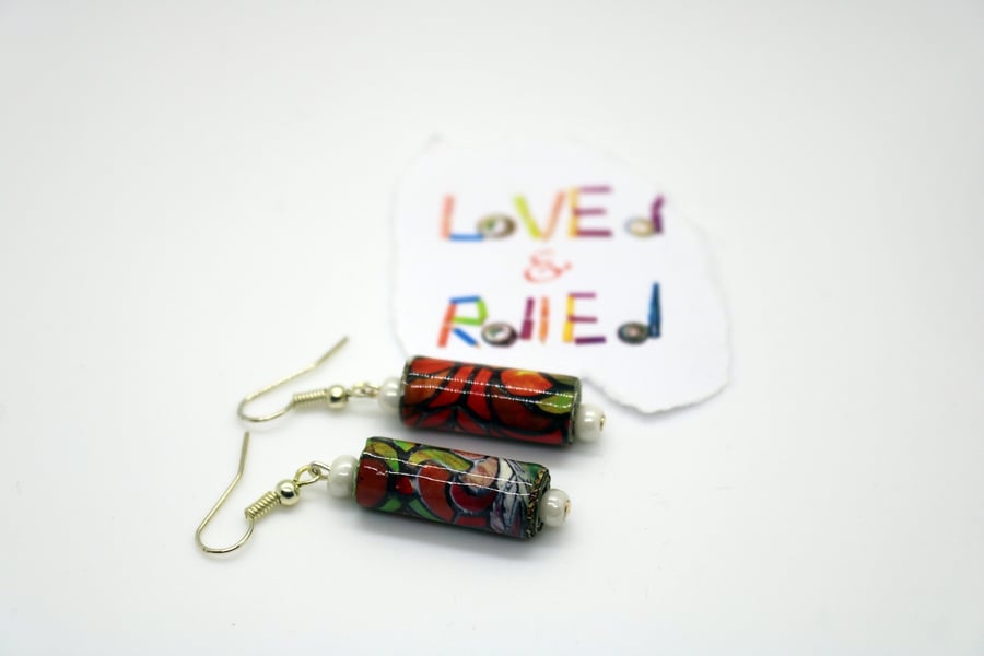 Cylindrical Paper bead earrings with pearl beads,  brightly coloured