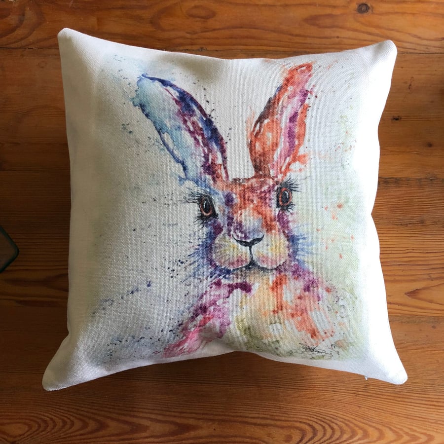 Hare We Go Cushion Cover, Wildlife Art Cushion, Hare Watercolour Textile Print, 