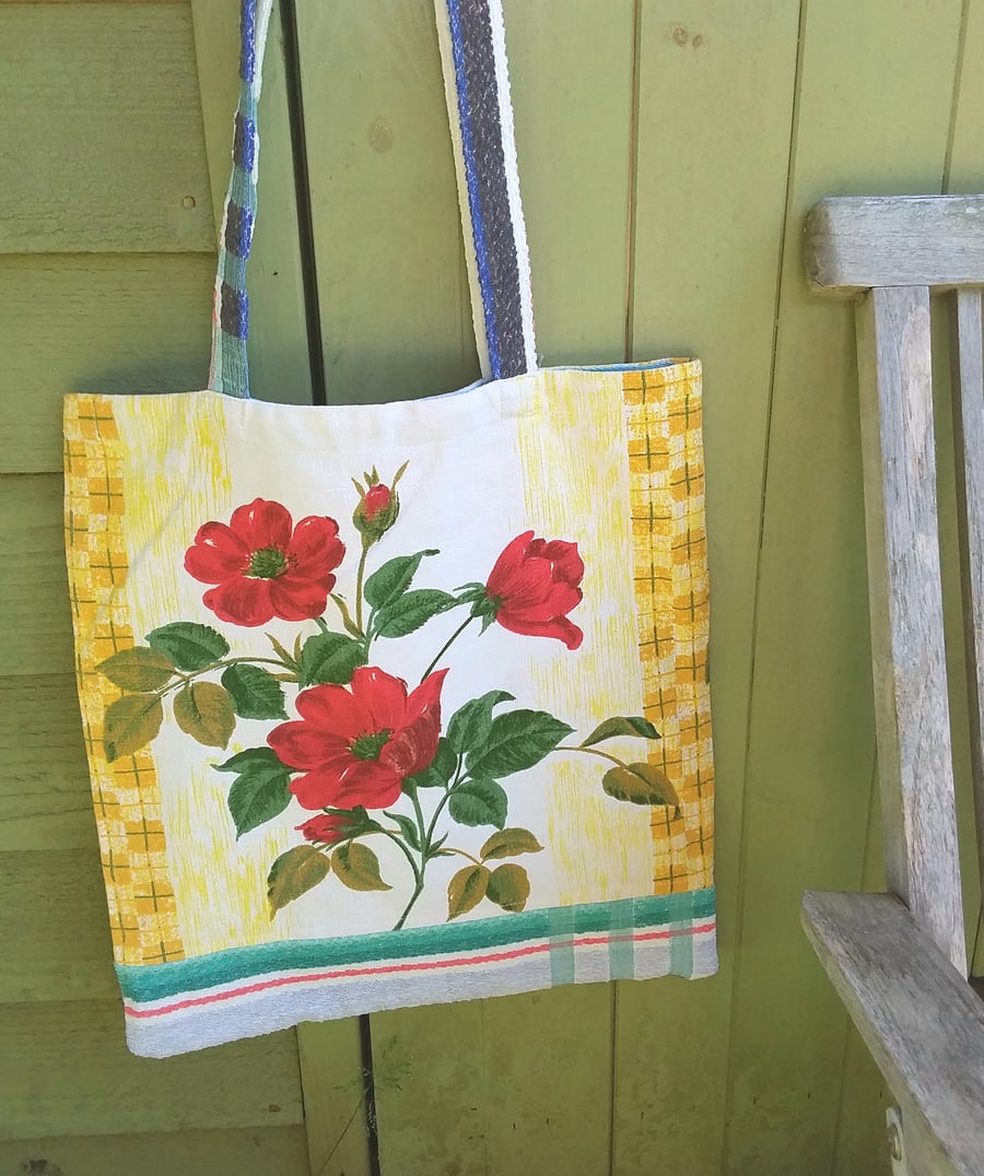 Vintage bark cloth tote bag (roses and towelling straps)