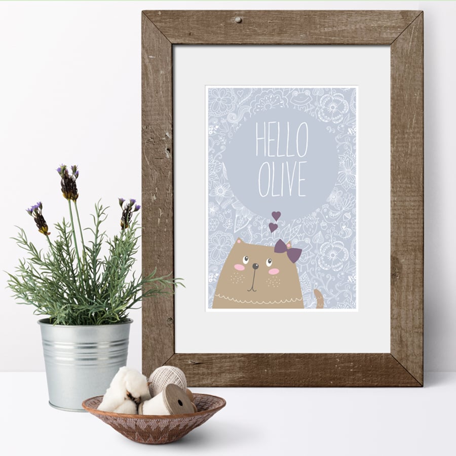 Hello Kitten Personalised Art Print, baby christening gift, nursery decor