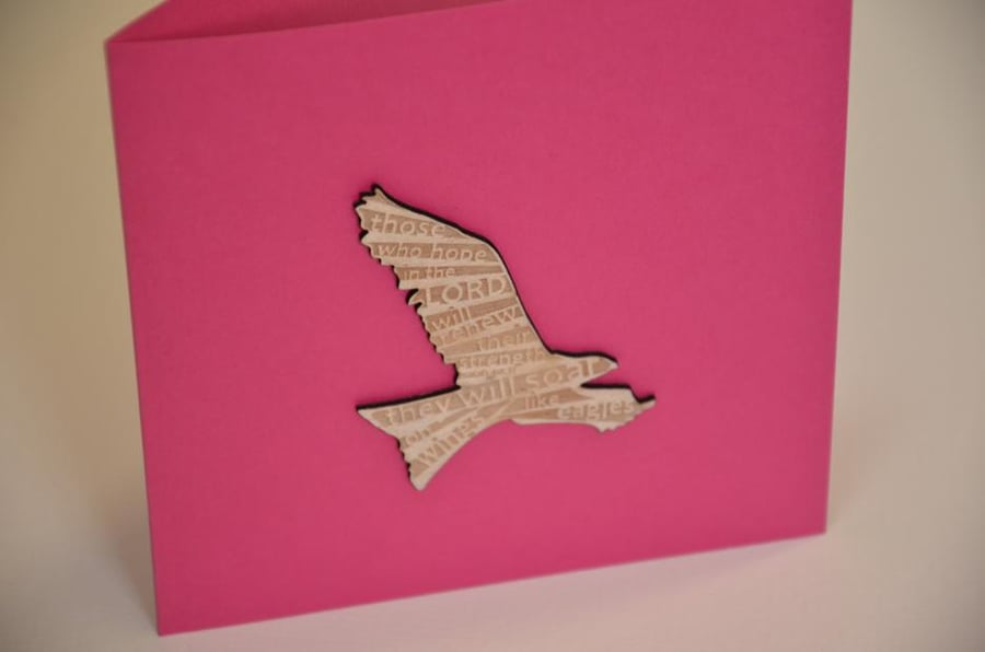 'Laser Tweet' card (pink, with etched wooden bird)
