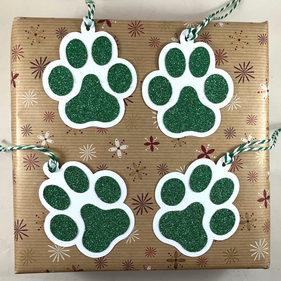 Green glitter paw print gift tags