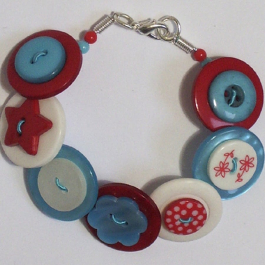 Red, white and aqua button bracelet.