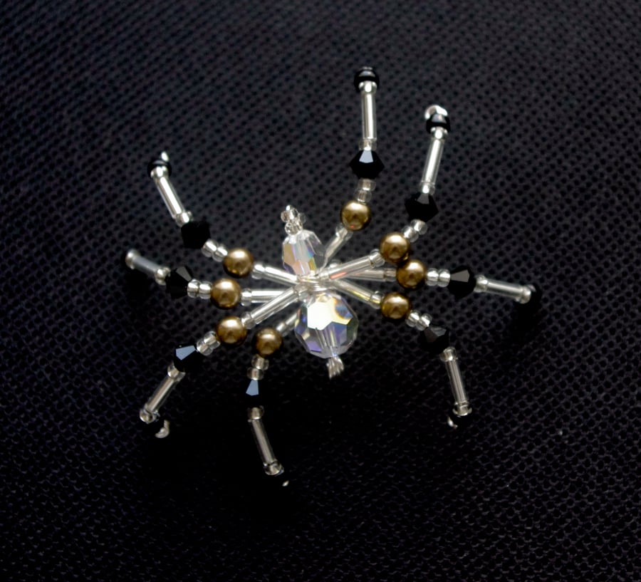 Beaded Christmas Spider Decoration. Black, Silver & Bronze Christmas Spider