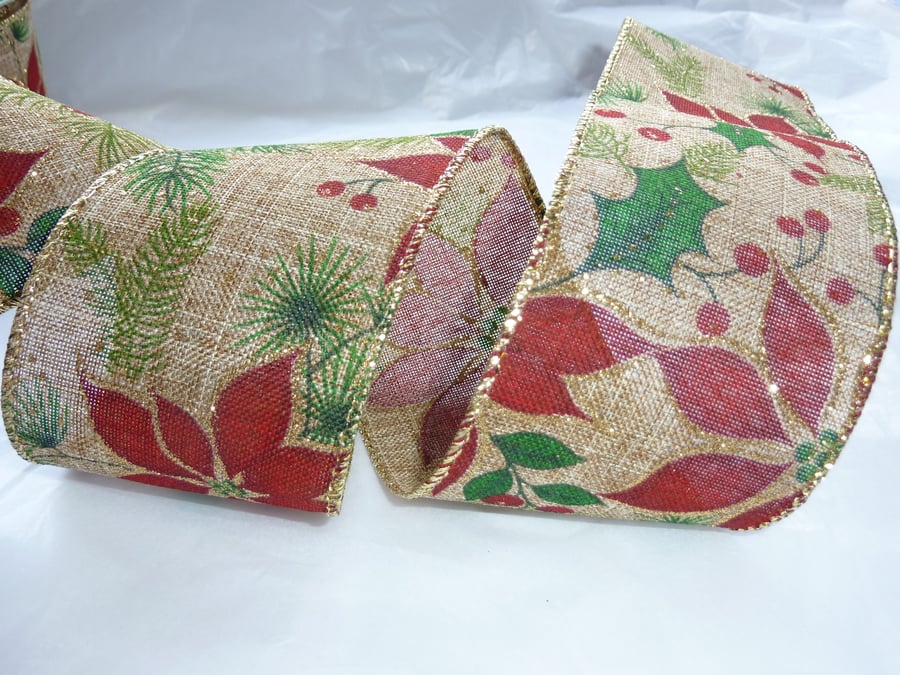 1 Metre Wire Edged Christmas Ribbon 63mm Jute Holly Poinsettia