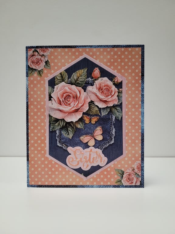 Handmade Sister Birthday Card, Vintage Style Floral Rose & Denim Birthday Card