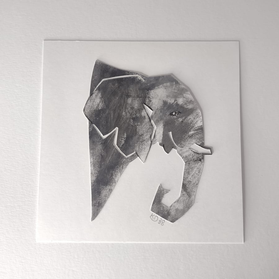 Handmade Elephant Cut Paper Collage Original Art - Animal Picture