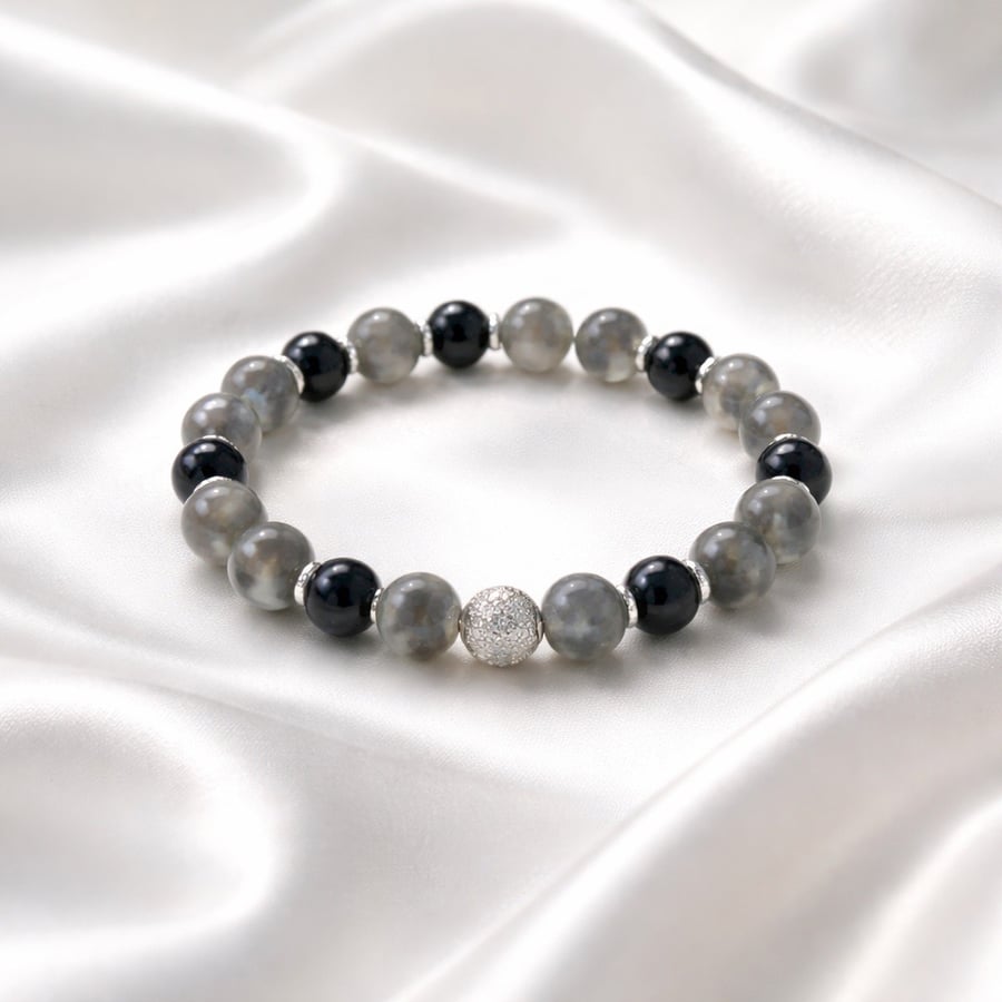 Handmade Labradorite Bead Bracelet with Sterling Silver CZ Accent 