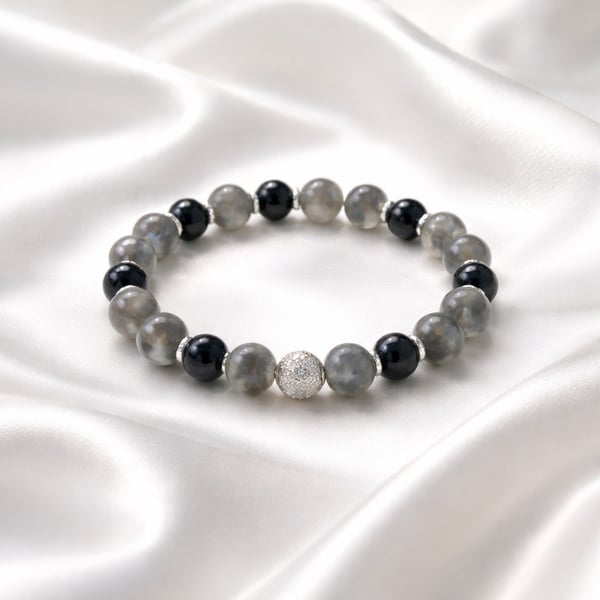 Handmade Labradorite Bead Bracelet with Sterling Silver CZ Accent 