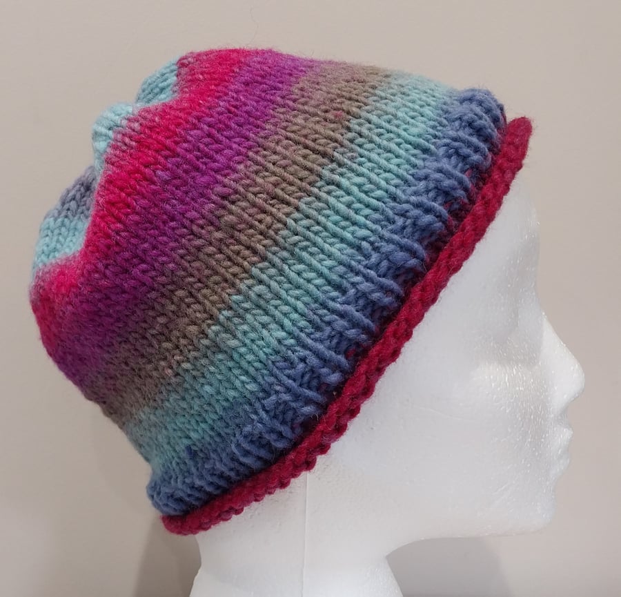 Handknit Noro Beanie Hat 100% Wool Pink and Ice Blues MEDIUM 